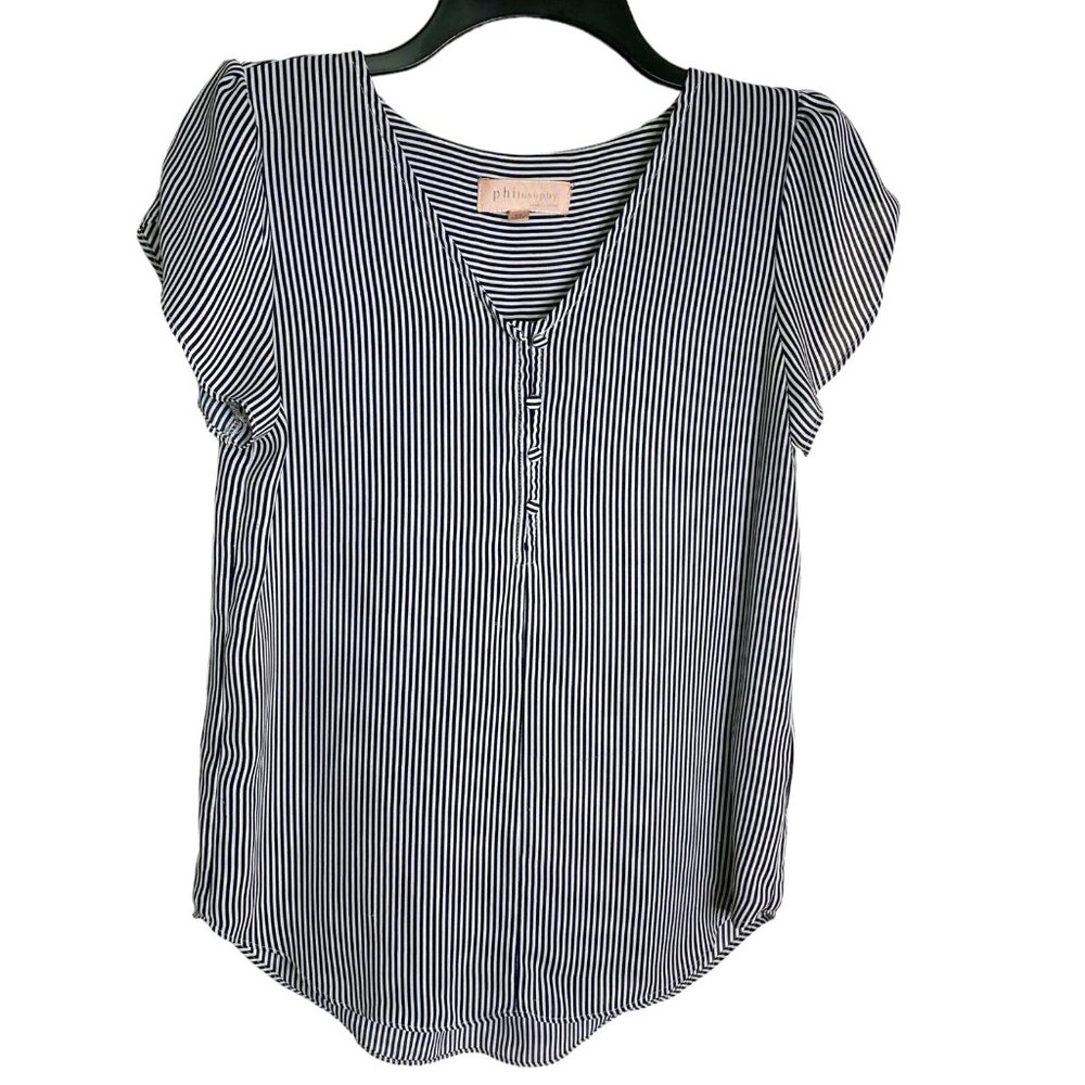Philosophy Republic Clothing Women’s XS Black White Pinstripe Cap Sleeve Blouse